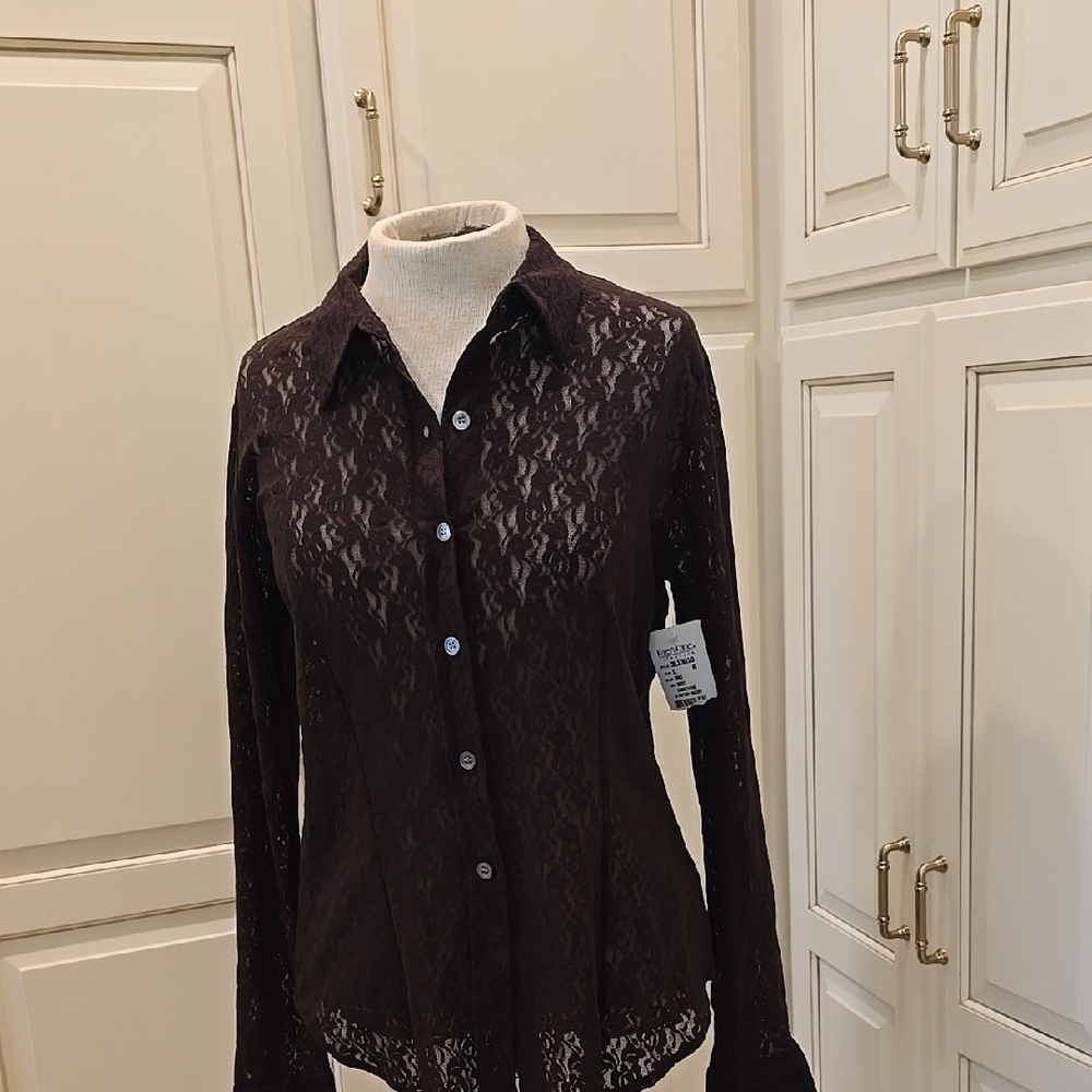 NWT Karen Kane Woven Lace Button Blouse With Collar In BROWN. Size LARGE Vintage